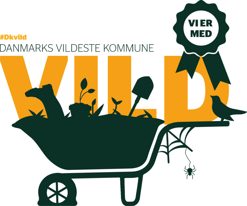 Logo for #DKVILD - Tekst: #dkvild Danmarks Vildelse Kommune. Vi er med.