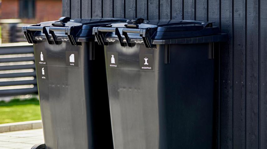 Billedet viser to skraldespand ved et parcelhus