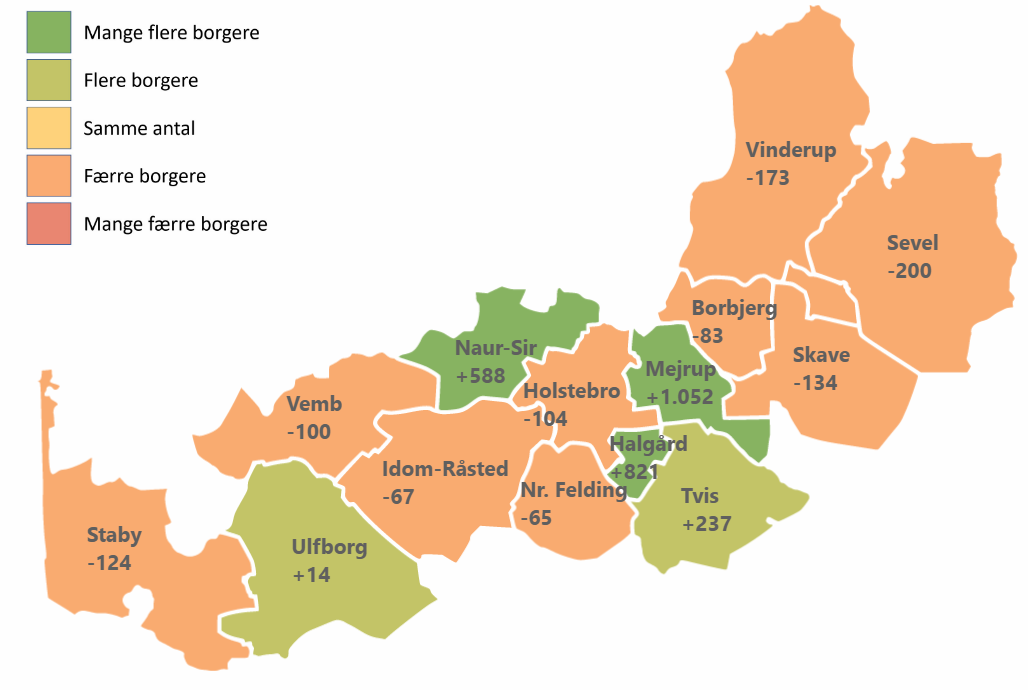 Kort over Holstebro Kommunes skoledistrikter der viser, hvor der forventes at være befolkningsfremgang og -tilbagegang fra 2022 til 2035