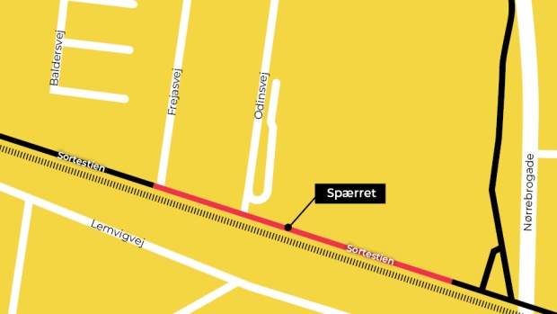Kort over spærring af Sortestien ved Baldersvej og Nørrebrogade