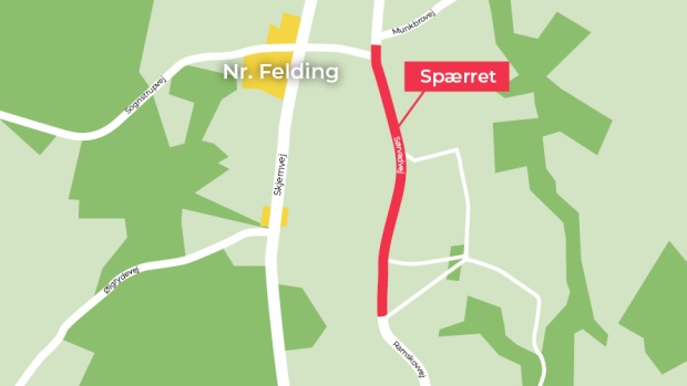 Kort over afspærring af Sørvadsvej fra onsdag den 24. april til og med fredag den 26. april.