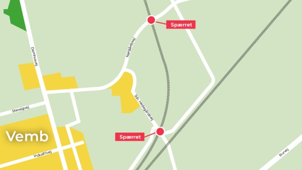 Kort der viser afspærring af jernbaneoverkørsler ved Sdr. Hedegårdsvej og Nørgårdsvej i Vemb