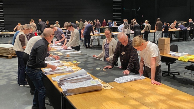 Billedtekst: Stemmerne tælles op på valgstedet Musikteatret Holstebro.