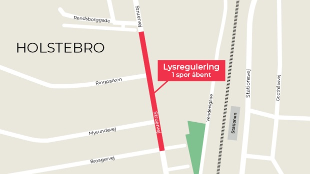 Mens arbejdet mellem Rendsborggade og Broagervej står på, vil strækningen kun være åben i ét spor. Der er sat midlertidig lysregulering op.