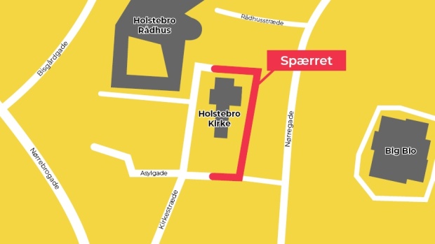 Kort over afspærring af Kirkepladsen i Holstebro.