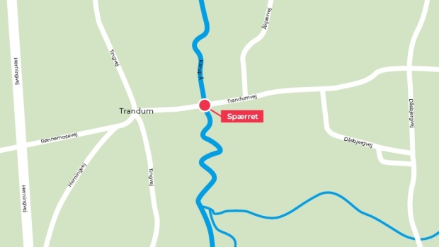 Kort der viser omkørsel ved Trandumvej i perioden 22. maj til 7. juli