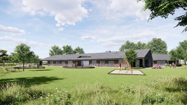 Den nye daginstitution i Hornshøj opføres med genbrugsmursten i facaderne og brændt træ som facadebeklædning. Illustration: Arkitektfirmaet Frost Larsen.