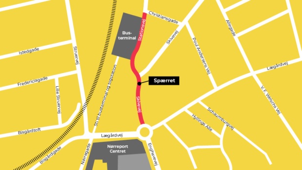 Kort over spærringen af Stationsvej i Holstebro.